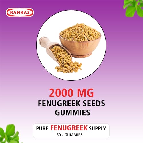 RANKAZ Fenugreek Gummies 2000 mg Fenugreek Supplement from Fenugreek Seeds Lactation Support, Extra Strength, Good Health & Well-Being, Non-GMO & Gluten Free 60 Gummies