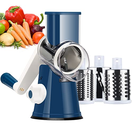 Ourokhome Rotary Cheese Grater Round Mandolin Slicer, Handheld Hashbrown Shredder with 3 Drum Blades