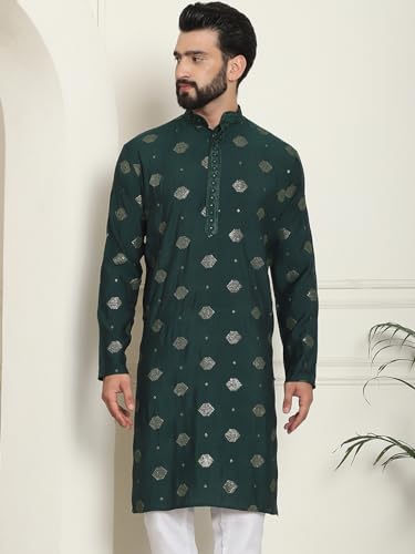 Image of SOJANYA Since 1958 Men's Cotton Silk Sequinned Embroidered Long Kurta