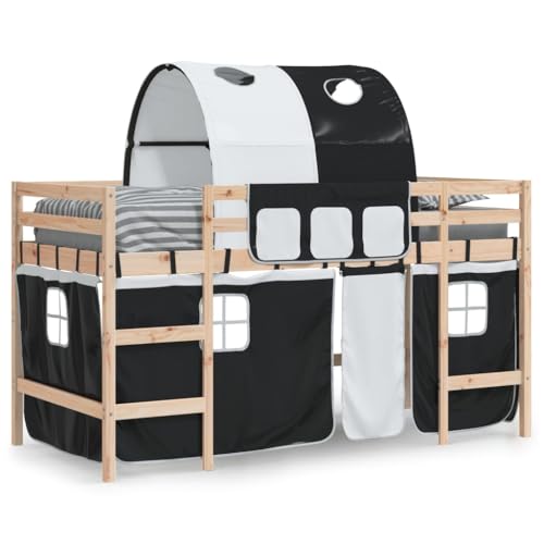 vidaXL Lit Mezzanine Enfants et Tunnel, Lit Surélevé pour Enfants avec Échelle, Meuble de Rangement Chambre, Moderne, Blanc Noir 90x190 cm Pin Massif