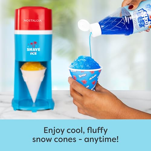 Image of Nostalgia Shave Ice and Snow Cone Machine, Multi-Use Ice Shaver for Frozen Treats, Slushies, Snow Cones, and More - Reusable Cup and Ice Mold, Stainless Steel Blades - Blue Red