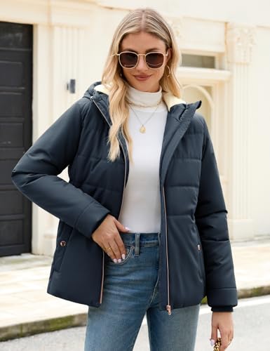 Vancavoo Wintermantel Damen Winterjacke Warm Gefüttert Winterparka Winter Jacket Mäntel Parka Kurzmantel Frauen mit Kapuze,Marineblau,M