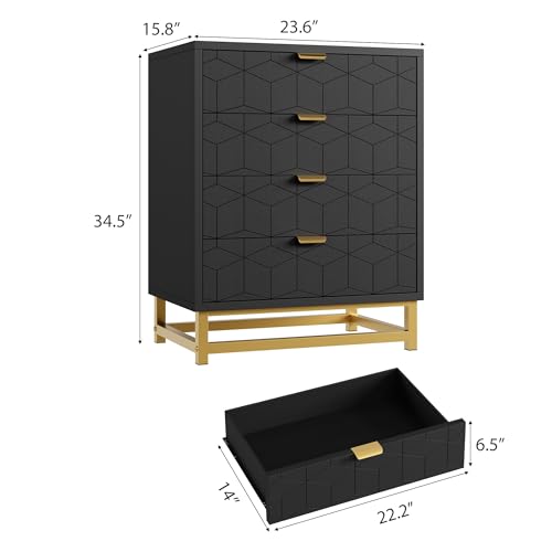 GAOMON Black Dresser, 4 Drawer Dresser for Bedroom, Wood Chest of Drawers, Modern Dressers with Gold Metal Handles for Living Room, Hallway, Entryway