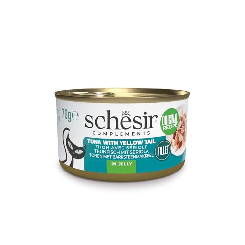 Schesir, Filetes de Atún con Salmonete en Gelatina, Comida Húmeda Complementaria para Gatos, en Latas, Receta Original, 100% Natural, 12 x 70g