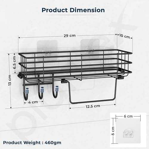 Image of Plantex Self Adhesive Bathroom Shelf /GI Steel Bathroom Shelf with Hook and Napkin Holder /Bathroom Organizer Without Drill /Bathroom Accessories- Pack of 3 (Black)