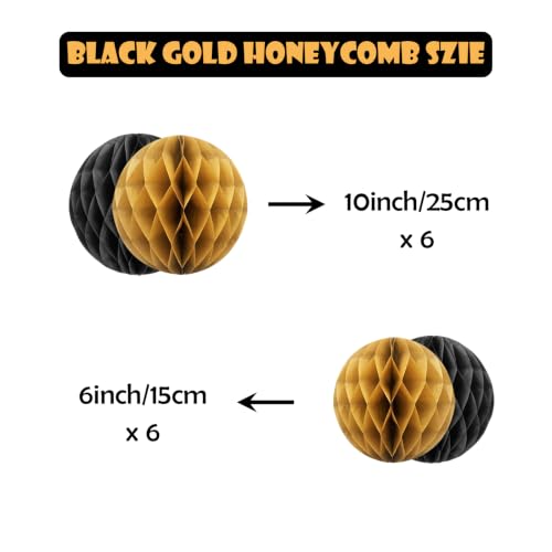 Image of ZOOYOO 12Pcs 6 inch 10 inch Honeycomb Balls Decorations Hanging Tissue Paper Pom Poms for Graduation,Anniversary,New Year,Farewell,Retirement,Birthday Party Decorations(Black Gold)