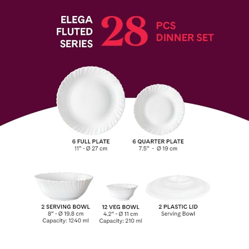 Image of Larah by Borosil Elega Fluted Series Opalware Dinner Set | 28 Pieces for Family of 6 | Microwave & Dishwasher Safe | Bone-Ash Free | Crockery Set for Dining & Gifting | Plates & Bowls | White
