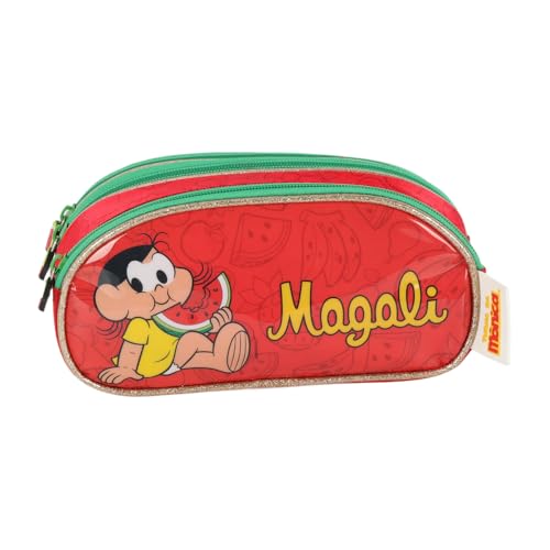 Kit Mochila Rodinhas 2 em 1 Lancheira Estojo Mônica Magali (Vermelho)