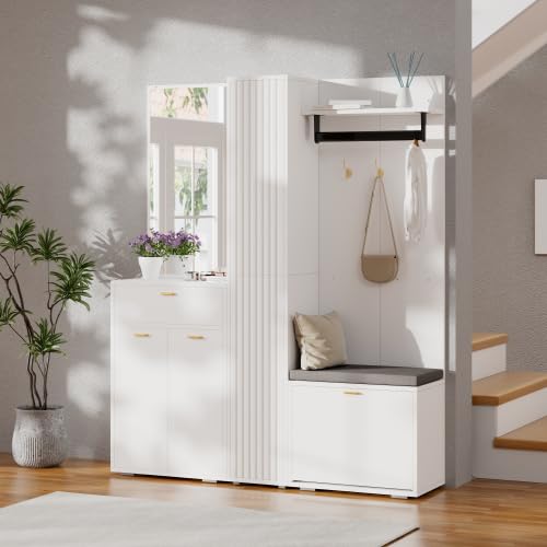Garderobenset mit Spiegel, Kleiderstange & Sitzbank, Kompaktgarderobe mit 3 Türen, Kippfach-Schuhregal & Schublade, Weiß, 150x36x180 cm für Diele, Flur, Eingangsbereich