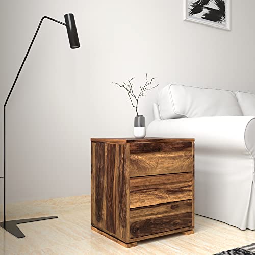 Image of Amazon Brand - Solimo Erore Solid Sheesham Wood Bedside Table with 3 Drawers (Natural Finish)