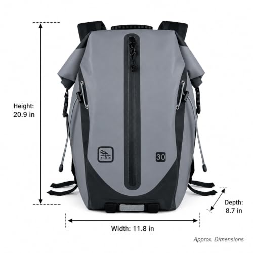 Mochila bolsa seca impermeable 30L, correas acolchonadas y correa de pecho con hebilla, gris miniatura 2