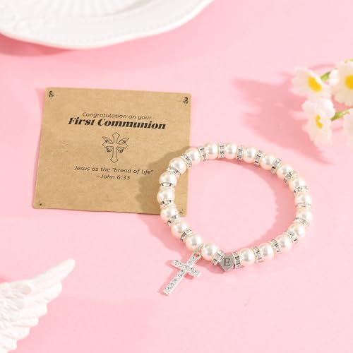 Image of BAYLAY First Communion Gifts for Girls, Cross Bracelet for Teen Girl First Communion Bracelet for Girls Pearl Letter Initial Charm Bracelet First Holy Communion Gifts for Girl Catholic