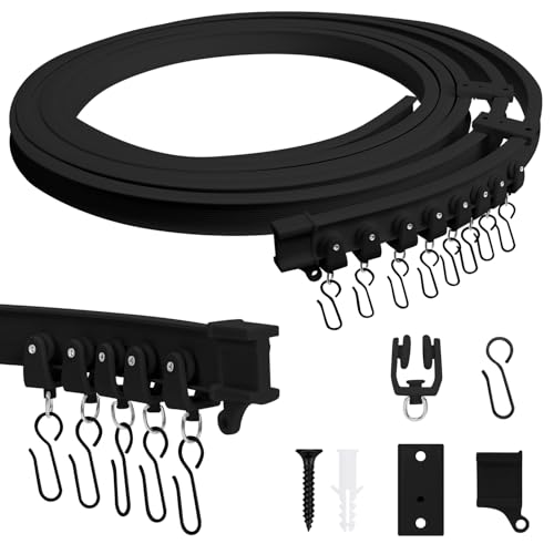LITZEE Riel de Cortina Flexible, 5 Metros/16,4 Pies, Montaje en Techo con Ruedas Silenciosas, Sistema de Rieles para Ventanas, Cortinas, Separadores de Espacios, Sistema de Cortina de Rieles, Negro