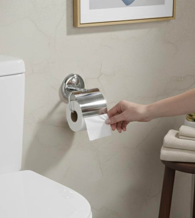 Image of Premium Stainless Steel Toilet Paper Holder with Flap Cover | Rust-Proof Chrome Finish Bathroom Tissue Roll Dispenser | Wall-Mounted Hotel-Style Toilet Roll Stand with Anti-Slip (Round 33)