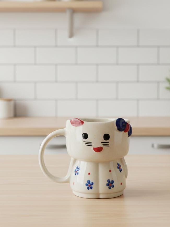 Image of Ceramic Cat Mug with Heart Handle, White Pink, 300ml Capacity, Floral Design Coffee Cup with Lid, Large