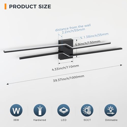 Image of 39.4 Inch Vanity Light for Bathroom Lighting Fixtures Over Mirror Black Dimmable 5CCT Vanity Lighting Fixture Modern Bath Vanity Lights Bar Wall Sconces