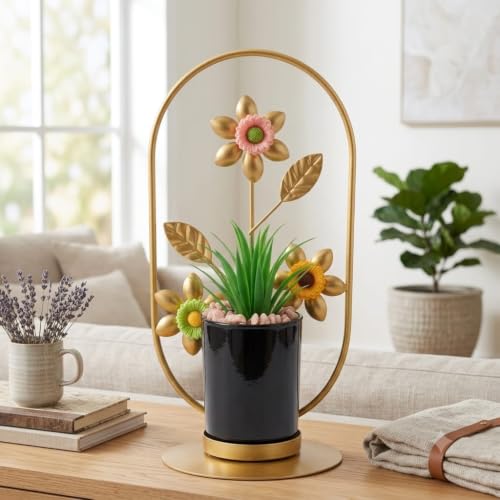 Image of Golden Metal Floral Stand With Artificial Green Plant And Black Ceramic Pot