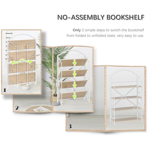 Image of 4NM No Assembly Folding Bookshelf for Living Room, 4 Tiers Collapsible Book Shelves Open Industrial Foldable Bookcase Storage Shelf for Home Office - Oak