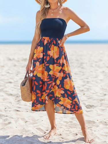 Image of CUPSHE Women Tube Floral Midi Summer Dress Straight Neck Split Hem Tropical Casual Sundress Holiday Vacation Beach Dress