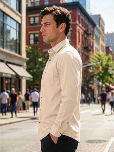 Image of Men's Regular Fit Solid Pattern Cotton Shirt with Spread Collared Long Sleeve Standard Length and Button Down Closure Type | Shirts | Stylish Shirts for Men