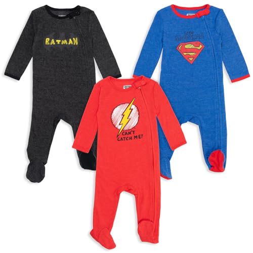 Image of DC Comics Justice League Batman Superman The Flash Baby 3 Pack Zip Up Sleep N' Plays Newborn to Infant