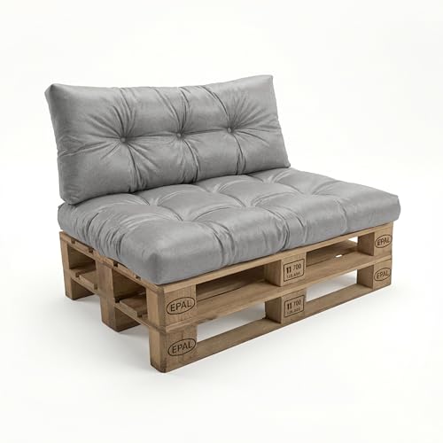 POKAR Set de 2 Cojines para Palets Impermeable | Asiento 120x80 + Respaldo 120x40 para Sofá de Jardín | Cojines Acolchados para Palé | Interior y Exterior | Oeko-Tex | Fabricado en UE | Gris