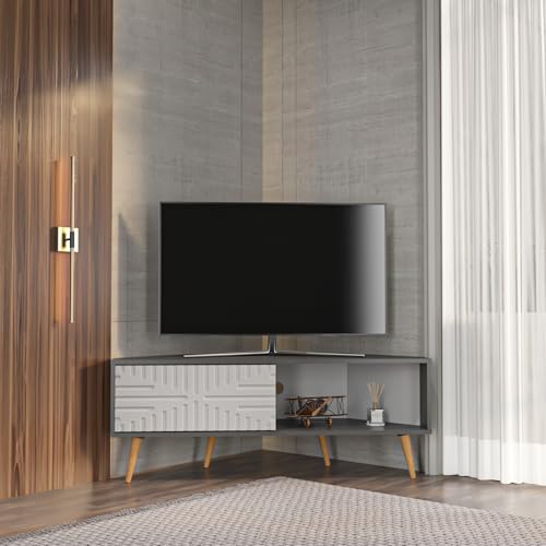 Image of DECOROTIKA Mora Corner TV Stand with Sliding Door | Cable Management | Wooden Legs (Anthracite and White)