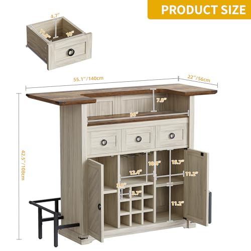 DWVO Home Bar Table Unit Cabinet with LED Lights & Drawer, 12-Glass Holder & Adjustable Wine Storage, Farmhouse Mini Bar Unit with Footrest for Living & Dining Room, Off White+Walnut Grain