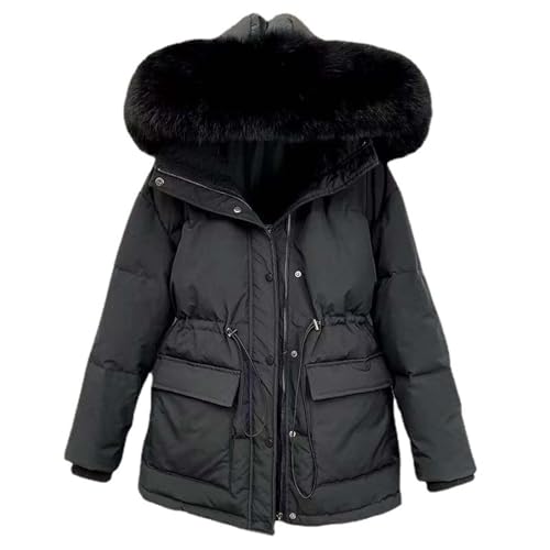 Vhersily Abrigo de invierno para mujer, chaqueta larga para mujer, chaqueta corta con piel ecológica, capucha cálida, ropa calentita con bolsillo, cortavientos y antilluvia, Negro , XL