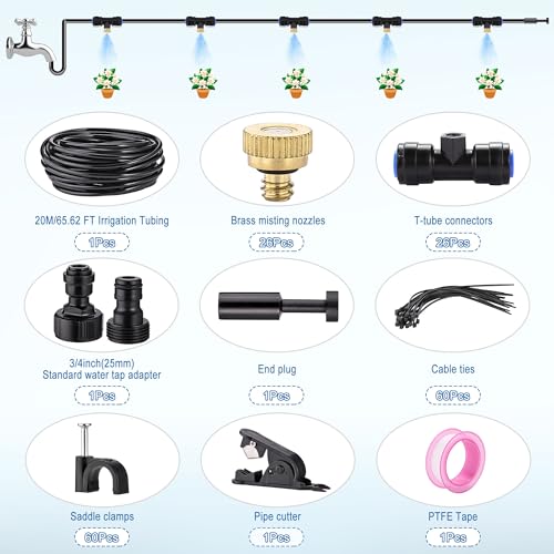 Mornajina Automatic Drip Irrigation Kits Garden Irrigation System, Includes 66FT 1/4 inch Irrigation Tubing Hose & 26Pcs Mist Nozzles Tee & 26Pcs Brass Misting Nozzles for Garden Watering System