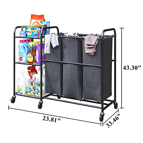 Wisdom Star 3 Bag Laundry Sorter Cart With Storage Shelf, Laundry Hamper Sorter With Rolling Wheels And Removable Bags For Clothes Storage,Laundry Organizer Basket Laundry Clothes Hamper, Black #TOP7