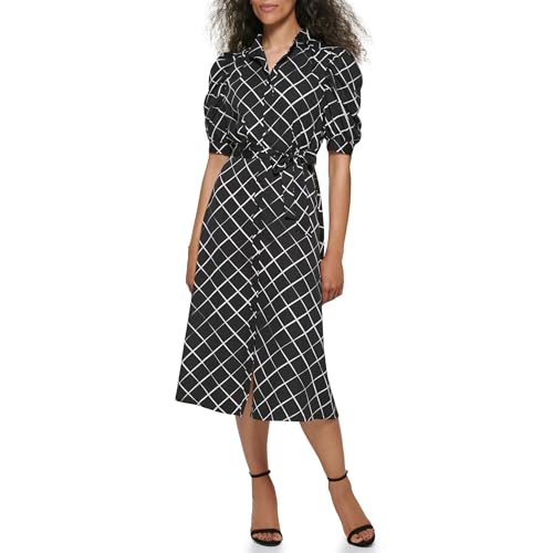 Robe chemise midi DKNY manches bouffantes coupe ceinturée ajustable bicolore