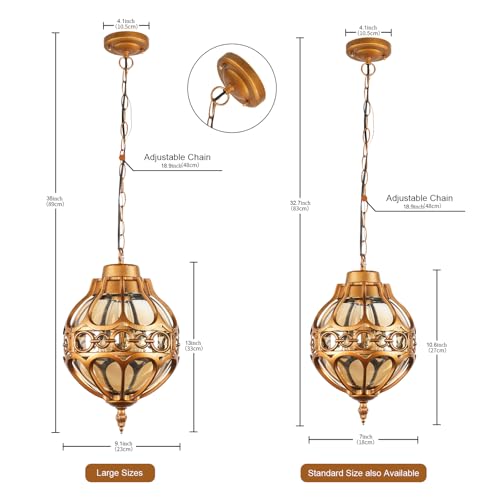 Gold Globe Outdoor Pendant Lights for Porch Entryway Hallway, Vintage Exterior Aluminum Waterproof Hanging Light Fixtures, Outside Ceiling Hanging Lamp with Round Amber Glass