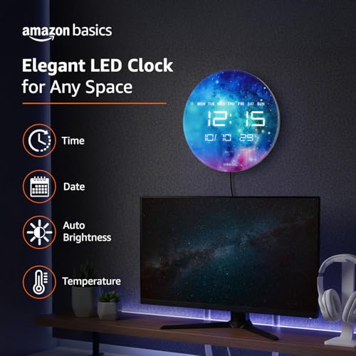 Image of Amazon Basics LED Digital Wall & Table Clock with 12 /24Hr Display, Auto Brightness, Blue Color, Temperature, USB Power, Auto Dimming, Backlight & Night Light - 32x32x3.2cm