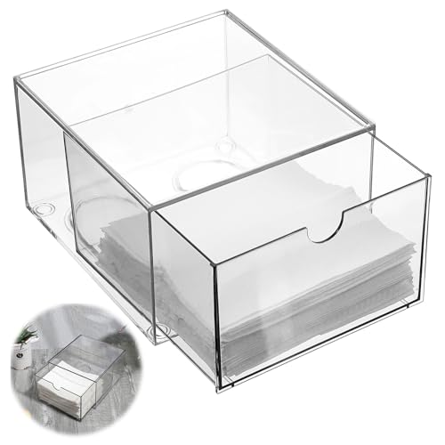 cobee Disposable Face Towel Holder, Acrylic Face Towel Storage Box Bin Container Stackable Clear Makeup Organizer with Drawer for Vanity Bathroom Makeup Organization