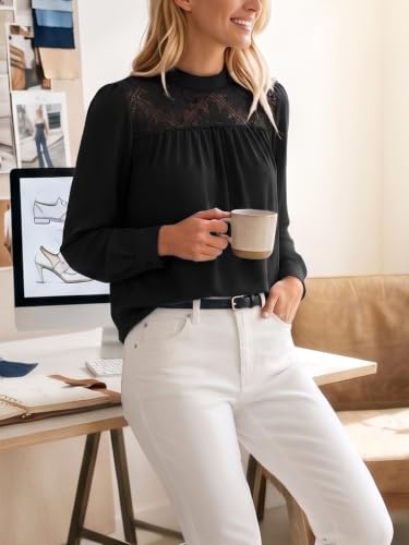 Funlingo Blouses for Women Dressy Casual Long Sleeve Lace Mock Neck Tops Fall Eyelet Pleated Tunic Office Work Shirts Business Casual Outfits Black 2XL — view 6
