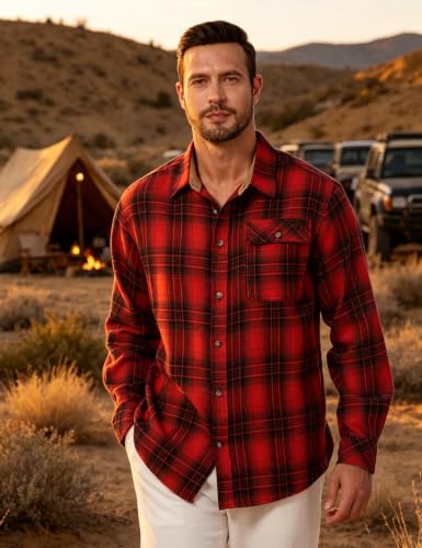 Drazivon Men's Button Down Long Sleeve Cotton Flannel Shirts Plaid Red L - image 2