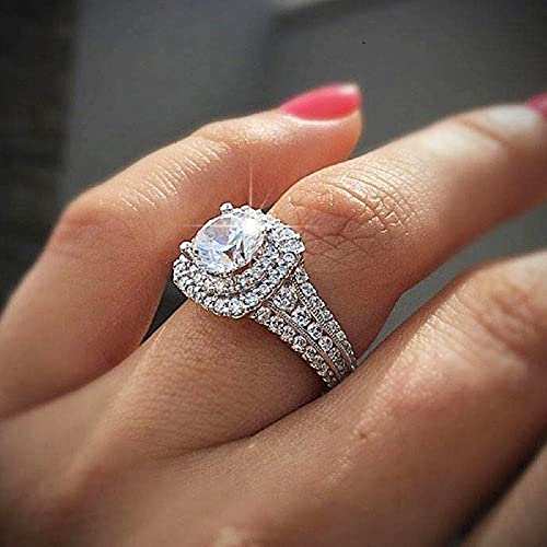 CHWLNJN 18K Gold-Plated Shiny Full Diamond Ring Exquisite Princess Round Cut Zircon Ring 925 Sterling Silver Super Flash CZ Diamond Ring Women's Eternal Engagement Wedding Ring (9)