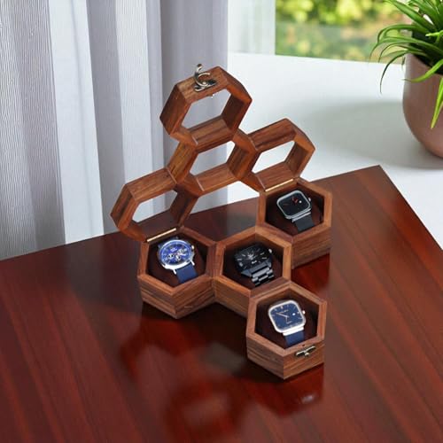 Image of Vintage Wooden Watch Box for Men, Timepiece Display Case, Honeycomb Watch Storage & Organizer, Jewlery Box for Women, Anniversary Gift For Husband (4 Compartments)
