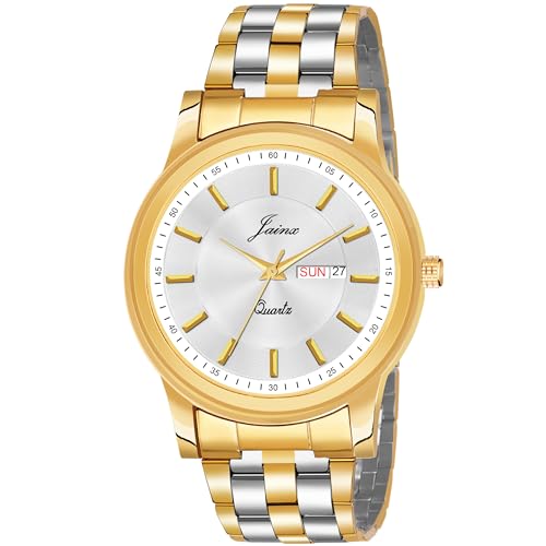 Image of jainx Premium Golden Chain Day and Date Feature Analog Wrist Watch for Men (Golden /White /Black Color Dial)