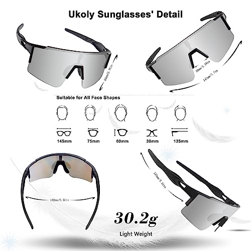 Ukoly Cycling Sunglasses for Men Women with 3 Interchangeable Lenses, Polarized Sports Sunglasses, Baseball Sunglasses - Thumbnail 2