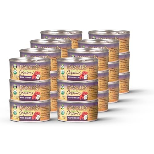 Evanger's Organics Beef Dinner for Cats – 24 Count, 5.5 oz Each – Qualified Organic, Grain Free, GMO Free – Nutrient-Dense Recipe with Organic Vegetables – Wet Cat Food