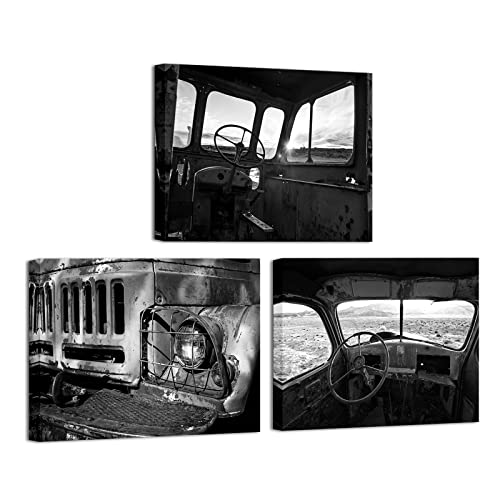 Fochorlo 3 Pieces Old Truck Wall Art Rusty Car Pictures Black and White Wall Decor for Living Room Bedroom Gallery Wrapped (Small)