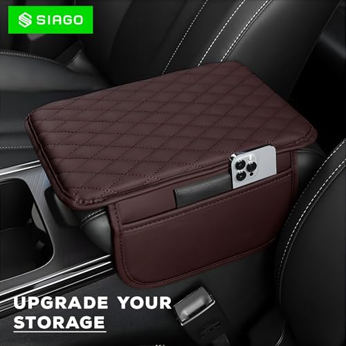 Image of SIAGO Car Armrest Cover Cushion with Storage Bags | Soft Center Console Protector Pad | Non-Slip, Waterproof & Durable | Universal Fit for Cars, SUVs & Trucks (Brown) SIA144