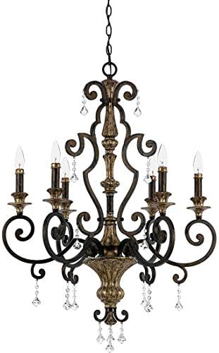 Quoizel Marquette Crystal Chandelier, 6-Light, 38" H x 28" W Medium Heirloom Finish French Country Chandelier, Bronze & Gold, 60W Bulbs, Suitable for Dining, Kitchen Island, Bedroom or Foyer