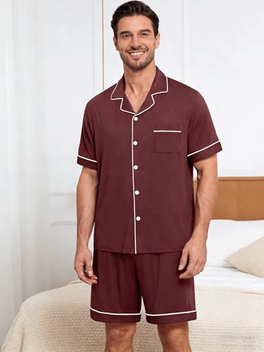 Image of Mens Pajamas Set Short Sleeve Sleepwear Button Down Loungewear Set Soft Modal 2Pcs Pj Set with Pockets S-3XL