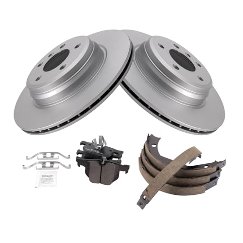 Image of TRQ Rear Brake Pad and Rotor Set Semi Metallic Coated Rotors Parking Shoe Compatible with 2012-2013 BMW 335i 2013 335i xDrive