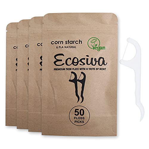 Ecosiva Biodegradable Dental Floss Picks - Natural Cornstarch Floss | Thin Single Thread Eco Friendly Floss Sticks for Adults & Kids | Vegan Fluoride Free Flossers for Adults (200, Mint)