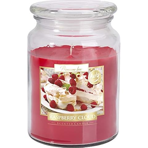 A large candle in a glass jar with a lid, diameter 9.9 cm and height 14 cm, fruity scent of raspberry cloud that burns for 100 hours Cover