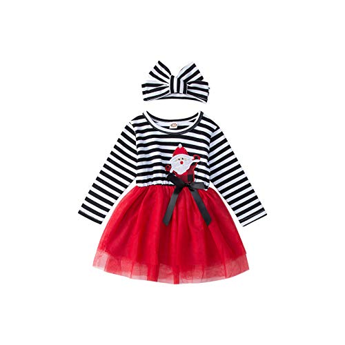 Jeinxcn Christmas Toddler Baby Girl Santa Printed Tutu Dress Long Sleeve Striped Skirt Outfits Clothes with Headband 2T Red